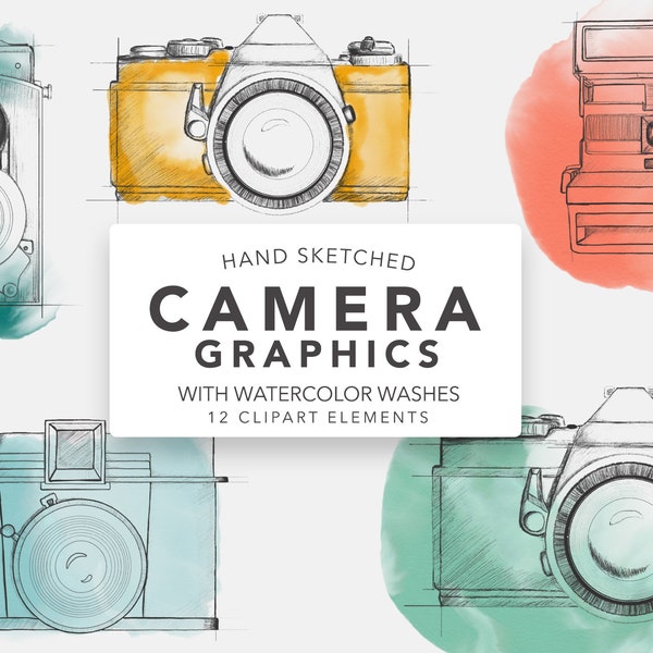 WATERCOLOR CAMERA CLIPART branding kit, commercial use, sketched photography logo art, sketchy vintage cameras, photographer blog graphics