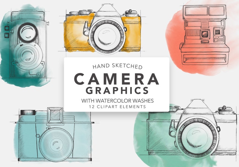 WATERCOLOR CAMERA CLIPART branding kit, commercial use, sketched photography logo art, sketchy vintage cameras, photographer blog graphics image 1