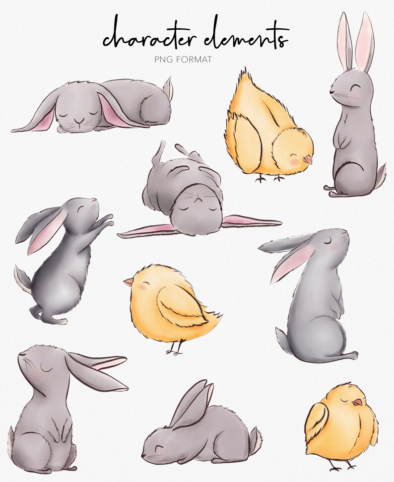 EASTER CLIPART ILLUSTRATIONS Hand painted bunnies & baby chicks character illustrations with sweet whimsical spring decorations image 3