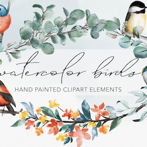 AQUARELLE OISEAUX | | graphiques Clipart peints à la main couronnes et cadres botaniques de verdure moderne avec des illustrations d’oiseaux à usage commercial