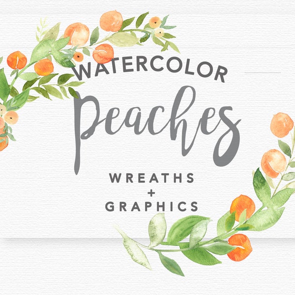 WATERCOLOR PEACHES + GREENERY clipart download, commercial use, painted floral illustration, peach fruit clipart, peaches wreaths, graphics