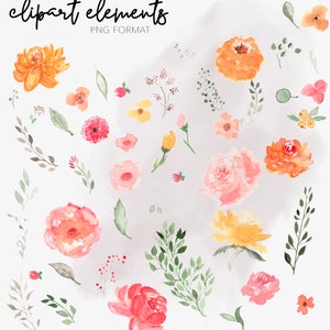 SUNSET FLORAL CLIPART Modern Watercolor Floral Peonies and Greenery Arrangement graphics for commercial use image 3