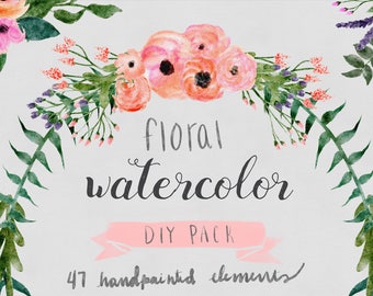 FLORAL WATERCOLOR CLIPART, commercial use, digital watercolor download, flower clipart, leaves clipart, wreath clipart, bouquet clipart