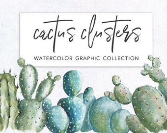 WATERCOLOR CACTUS CLUSTERS clipart, commercial use, digital watercolor, cacti graphics, wreaths, elements, southwest graphic art, houseplant