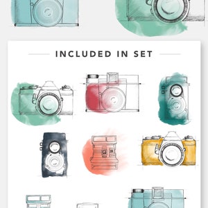 WATERCOLOR CAMERA CLIPART branding kit, commercial use, sketched photography logo art, sketchy vintage cameras, photographer blog graphics image 4