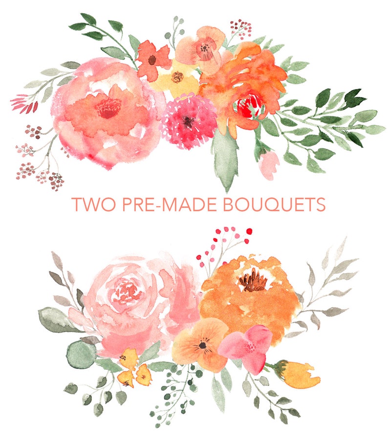 SUNSET FLORAL CLIPART bouquets wreath clipart floral design elements Clipart Flowers for commercial use digital watercolor leaves