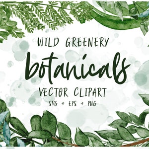 BOTANICAL GREENERY Vector Art, commercial use, muted watercolor florals, SVG clip art graphics, wreaths, modern, greens, foliage, leaves image 1