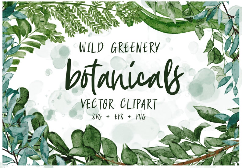 BOTANICAL GREENERY Vector Art, commercial use, muted watercolor florals, SVG clip art graphics, wreaths, modern, greens, foliage, leaves image 1