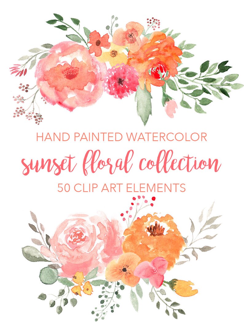 SUNSET FLORAL CLIPART bouquets wreath clipart floral design elements Clipart Flowers for commercial use digital watercolor leaves