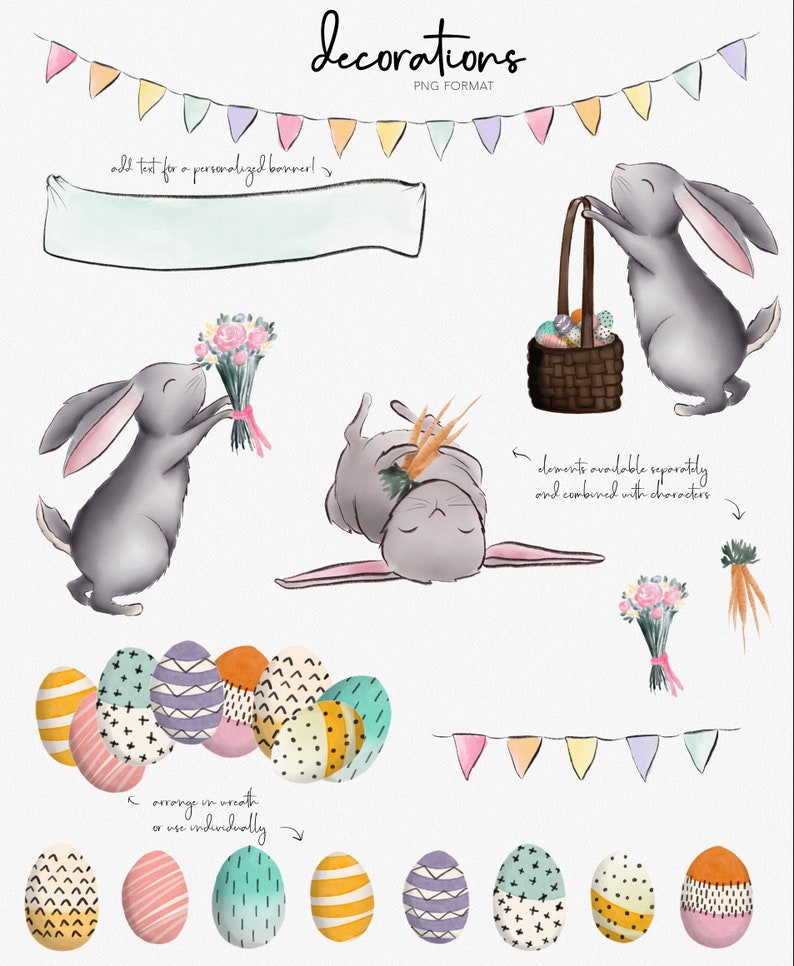 EASTER CLIPART ILLUSTRATIONS Hand painted bunnies & baby chicks character illustrations with sweet whimsical spring decorations image 2