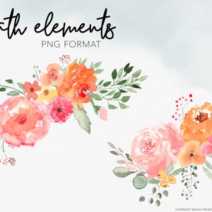 SUNSET FLORAL CLIPART Modern Watercolor Floral Peonies and Greenery Arrangement graphics for commercial use image 2