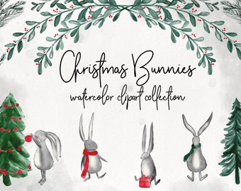 CHRISTMAS BUNNIES CLIPART: handpainted watercolor holiday characters, cute rabbit graphic files with wreaths, ivy, holly, mistletoe scenes