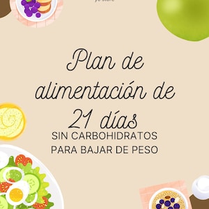 Puede incluir: Gráfico beige con el texto "Plan de alimentación de 21 días SIN CARBOHIDRATOS PARA BAJAR DE PESO". La imagen incluye ilustraciones de una manzana verde, platos de fruta y una ensalada.