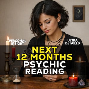 May include: A psychic reading service featuring the text NEXT 12 MONTHS PSYCHIC READING, PERSONAL INSIGHT, and ULTRA DETAILED. The scene includes a brass candle holder with a white candle, a red candle, a small hourglass, and a large black candle.