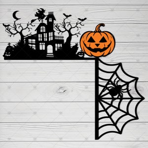 Esquina de la puerta de Halloween Svg, Adorno de puerta espeluznante Svg, Calabaza svg, Decoración de Halloween, Percha de puerta de Halloween Svg, Archivos de corte Glowforge
