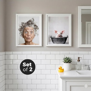 Puede incluir: Juego de dos impresiones artísticas enmarcadas. Una impresión presenta a una persona mayor con expresión de sorpresa. La otra impresión muestra un lechón en una bañera de metal. Las impresiones se exhiben en un baño.