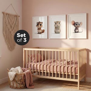 Puede incluir: Una escena de guardería con una cuna de madera clara y ropa de cama rosa, tres estampados de animales enmarcados y una cesta de mimbre con mantas. Los estampados muestran una ardilla listada, un hámster y un ratón. También se ve un tapiz de macramé.