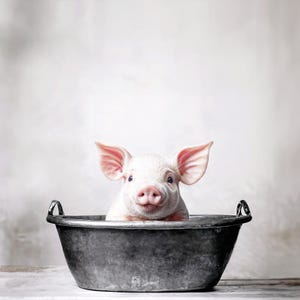 Portrait of a Pig Sitting in a Bathtub - Black and White Hyperrealistic Art, Unique Home Decor