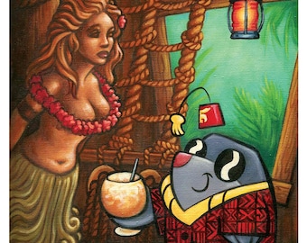 Molokai Mole - 8x10" Fine Art Print by Atomikitty. Tiki & Vintage Cartoons! Morocco Mole finds love at the Mai Kai. Free Shipping!