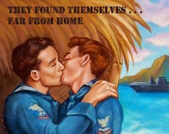 Beyond the Reef - 10x20" Giclée Canvas Art Print by Atomikitty. Inspired by 1940's WWII movie posters, South Pacific, Romance, Gay, LGBTQ