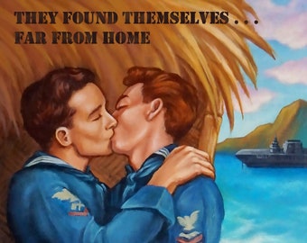 Beyond the Reef - 10x20" Fine Art Print by Atomikitty. Inspired by 1940's WWII movie posters, South Pacific, Gay Romance, LGBTQ