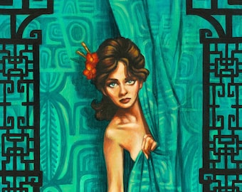 The Heist - 7x14" Fine Art Print by Atomikitty. Tiki, Mid Century, Pulp Fiction, Bond Spy Film Inspired Artwork. Free Shipping!