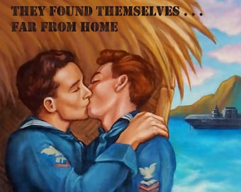 Beyond the Reef - 7x14" Giclée Canvas Art Print by Atomikitty. Inspired by 1940's WWII movie posters, South Pacific, Romance, Gay, LGBTQ