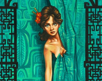 The Heist - 7x14" Giclée Canvas Art Print by Atomikitty. Tiki, Mid Century, Pulp Fiction, Bond Film Inspired Artwork. Free Shipping!