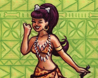 Headhunter A-GoGo! - 8x10" Fine Art Print by Atomikitty. 60's Cartoon Kitsch meets Tiki in this Swinging Prehistoric Pin-Up! Free Shipping!
