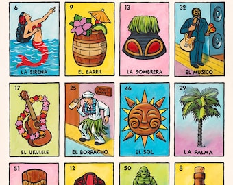 Tiki Lotería - 12x18" Giclée Canvas Art Print by Atomikitty. Inspired by Mexican Lotería Cards & Celebrating 25 years of Tiki Oasis!