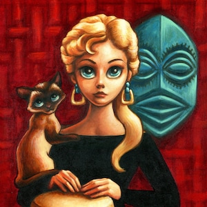 May include: An artistic painting of a woman with blonde hair, wearing a black dress, holding a drum. A Siamese cat sits on her shoulder. A blue mask is in the background, set against a red textured backdrop. The woman wears gold earrings.