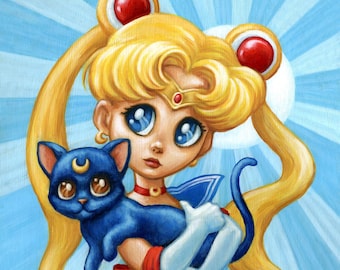 In the Name of the Moon - 8x10" Fine Art Print by Atomikitty. Inspired by a favorite anime sailor schoolgirl, cat Luna & 60's Big Eye art!