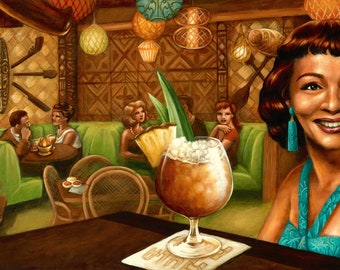 Hadda Brooks at the Hula Hut - 7x14" Fine Art Print by Atomikitty. Inspired by Tiki, Mid-Century, POC Representation. Free Shipping!