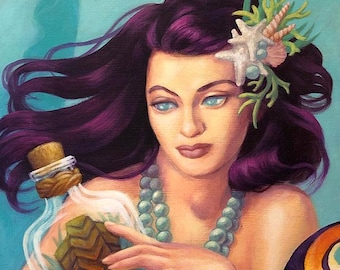 The Collector - 12x16" Giclee Canvas Print by Atomikitty. Mermaid, Tiki, Siren, Andrew Loomis inspired. Free Shipping!