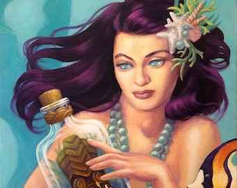 The Collector - 12x16" Fine Art Print by Atomikitty. Mermaid, Tiki, Siren, Andrew Loomis inspired. Free Shipping!