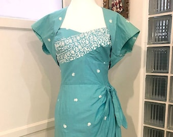 Stunning Tori Richards Aqua Border Print Sarong Dress and Bolero Set!