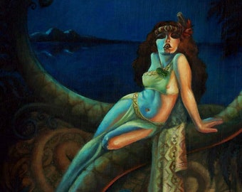 Wahine Kino - 16x20" Giclée Canvas Art Print by Atomikitty. Tiki, Oceanic, Maori, Art Nouveau Vamp Inspired Artwork. Free Shipping!