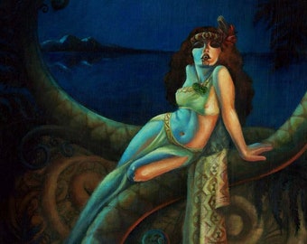 Wahine Kino - 12x16" Fine Art Print by Atomikitty. Tiki, Oceanic, Maori, Art Nouveau Vamp Inspired Artwork. Free Shipping!