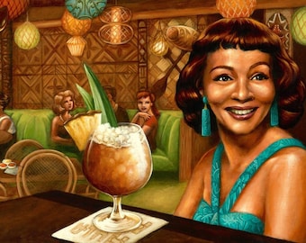 Hadda Brooks at the Hula Hut - 10x20" Fine Art Print by Atomikitty. Inspired by Tiki, Mid-Century, POC Representation. Free Shipping!