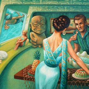 May include: A painting of a tropical scene with a couple in a room with a window overlooking a swimmer. The woman is wearing a blue dress and the man is wearing a green shirt. There is a pineapple on the table and a bowl of ice cream.