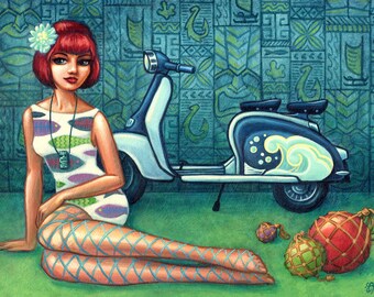 Kanaloa Li - 12x16" Giclee Canvas Print by Atomikitty. Mod, Tiki, Scooter Girl, Lambretta  Inspired. Free Shipping!