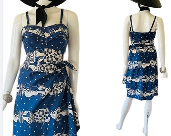 STUNNING and RARE 1940's Hawaiian Sarong Dress & Bolero Set by Nani of Hawaii.  Amazing Print!