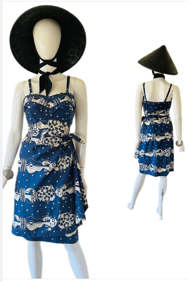Rare 1930s 1940s Hawaiian Novelty Print Sarong & Halter Set w Fused Sequins