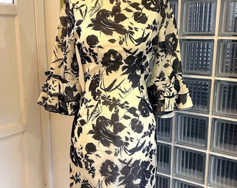 Gorgeous 1960s cream & black Rose Print Cocktail Dress with 3/4 Cha Cha Ruffle Sleeves!  Mad Men! MCM