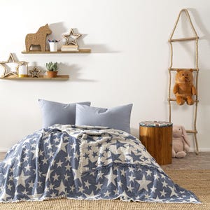 Pode incluir: Um quarto com uma cama com um cobertor azul e branco com estampa de estrelas e duas almofadas azul claro. Prateleiras de madeira exibem decorações em forma de estrela e uma figura de cavalo. Uma escada de corda com um urso de pelúcia e um banco de madeira completam a decoração.