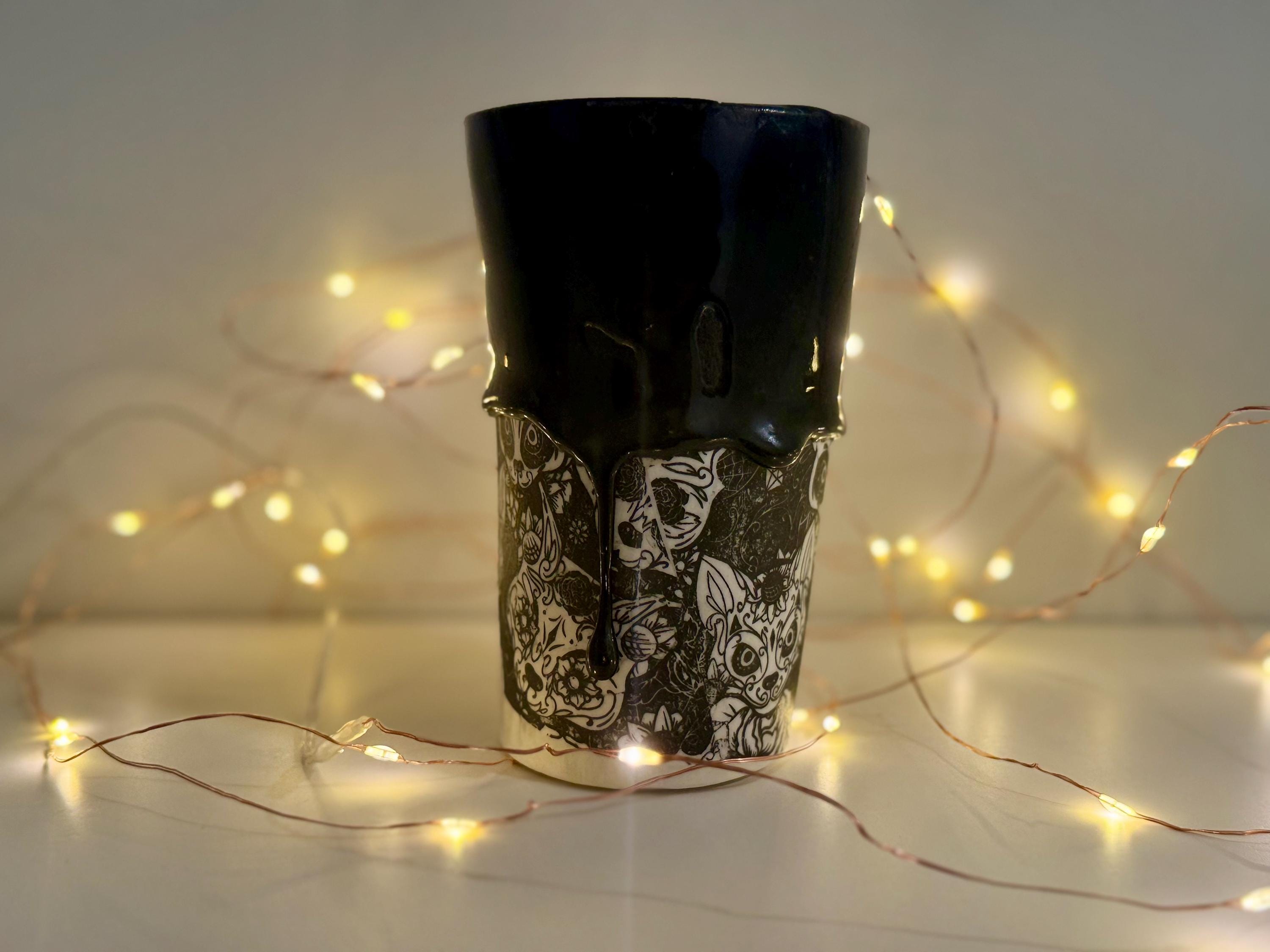 Handmade Porcelain Sugar Skull Cat Tumbler: Drippy Black Glaze