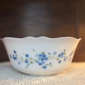 May include: A white glass bowl with a scalloped rim featuring a delicate pattern of small blue flowers and green stems encircling the exterior. The bowl has a smooth, rounded shape and a translucent appearance, showcasing a floral motif.