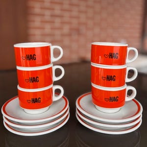 Set 6 Tazze da Caffè Vintage HAG con 6 Piattini | Espresso Cups Arancioni Retro Scandinave Anni '70 | Nordic Coffee Set