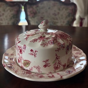 Può includere: Un burriera in ceramica bianca con coperchio a cupola scanalato e piattino abbinato. Il set presenta un motivo ripetuto di delicati rametti floreali rosa e rossi con foglie verdi. Un piccolo pomello appuntito si trova al centro del coperchio.