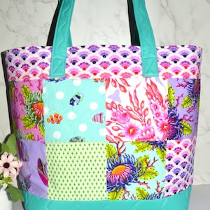Tula Pink Patchwork Zipper Project Tote |Handmade For On the Go Quilters, Knitters, Stitchers or Travel Bag